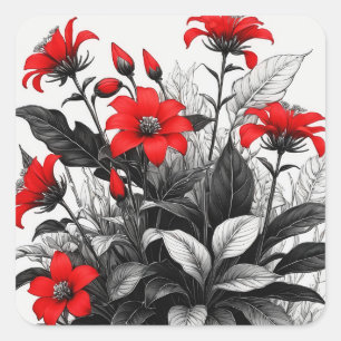 Red Flower On Black White Plant  Square Sticker
