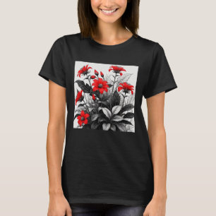 Red Flower On Black White Plant T-Shirt