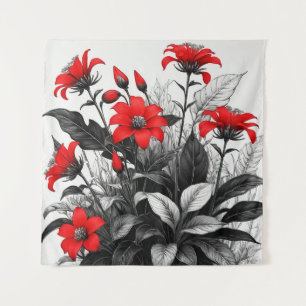 Red Flower On Black White Plant  Tapestry