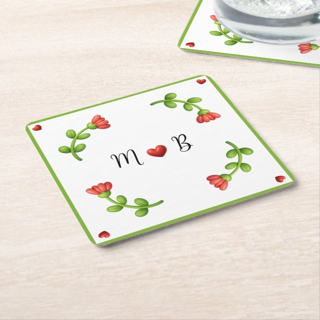 Red Flower Paper – Initials and Heart Design Square Paper Coaster (Angled)