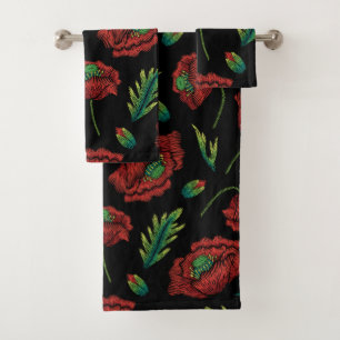 Red Flower Pattern Faux Stitch Bath Towel Set