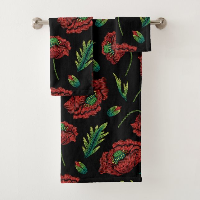 Red Flower Pattern Faux Stitch Bath Towel Set (Insitu)