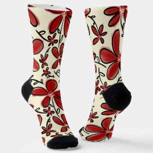 Red flower pattern socks