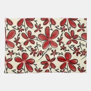 Red flower pattern tea towel