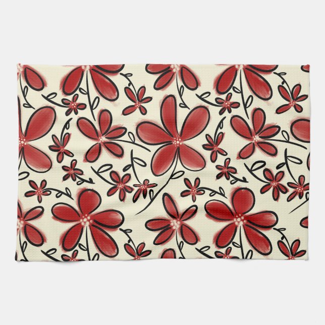 Red flower pattern tea towel (Horizontal)