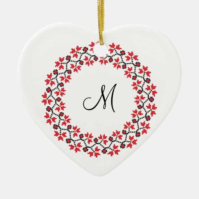 Red flower ring Personalised Monogram Initial Ceramic Tree Decoration (Front)