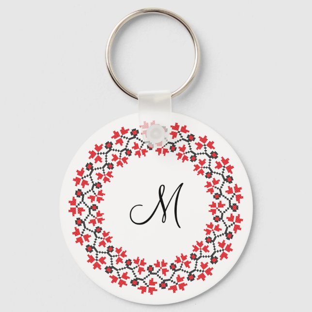 Red flower ring Personalised Monogram Initial Key Ring (Front)