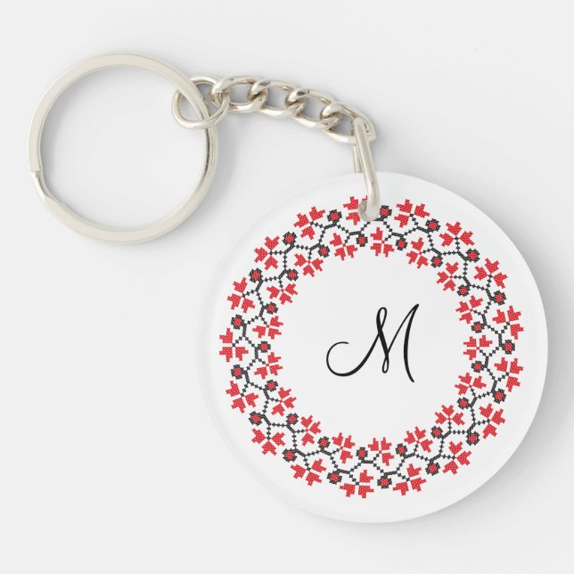 Red flower ring Personalised Monogram Initial Key Ring (Front)