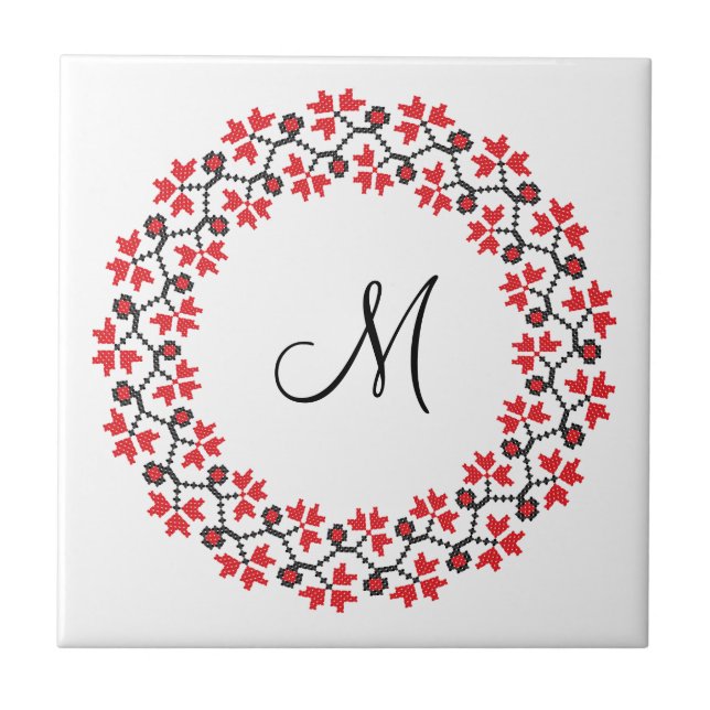 Red flower ring Personalised Monogram Initial Tile (Front)