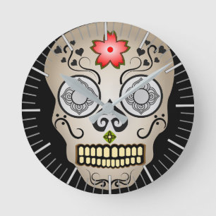 Red Flower Sugar Skull Round Clock
