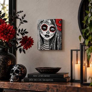 Red Flower Sugar Skull Woman Day of the Dead  Canvas Print