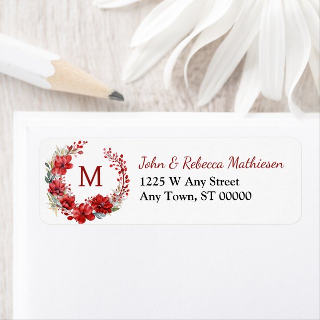 Red Flower Summer Wreath Monogram Return Address Label (Insitu)