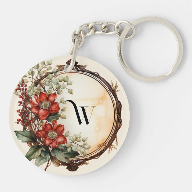 Red Flower Twig Wreath Leaves Red Berries Key Ring (Back)