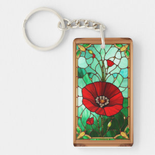 Red Flower Vivid Stained Glass Art Key Ring