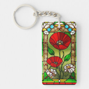 Red Flower Vivid Stained Glass Art Key Ring