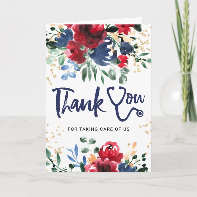 Red flower watercolor stethoscope nurse thank you card (Front)
