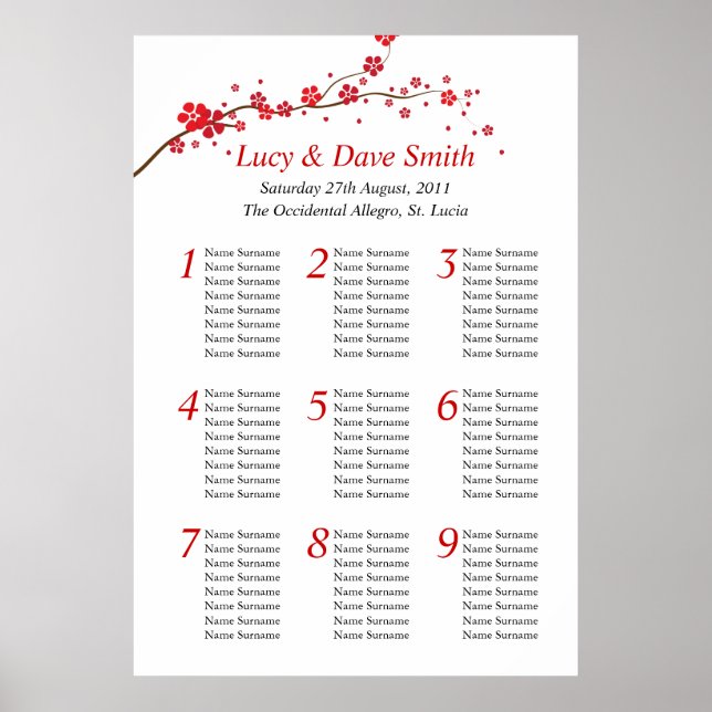 Red Flower Wedding Table Seating Plan Poster (Front)