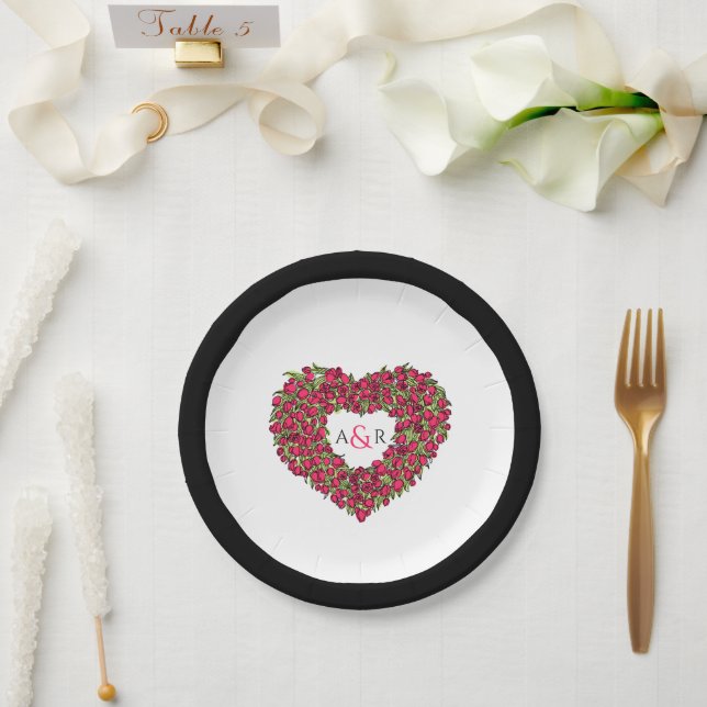 Red flower wedding tulip heart bouquet monogram paper plate (Wedding)