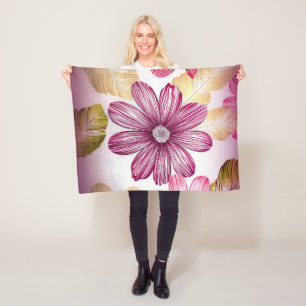 Red Flower With Leaves Fleece Blanket