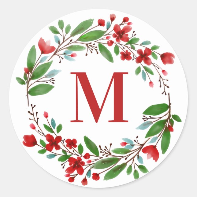 Red Flower Wreath Initial Personalise Classic Round Sticker (Front)