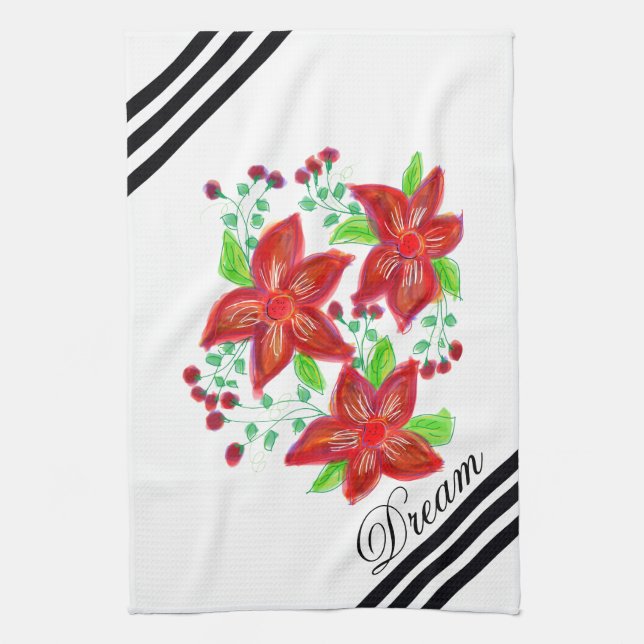 Red Flowered Design Tea Towel (Vertical)