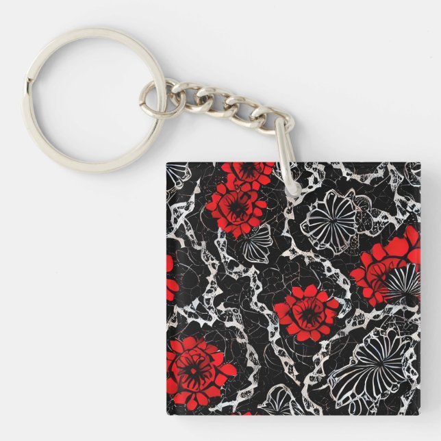 Red Flowers and Black Lace Seamless Pattern Key Ring (Front)