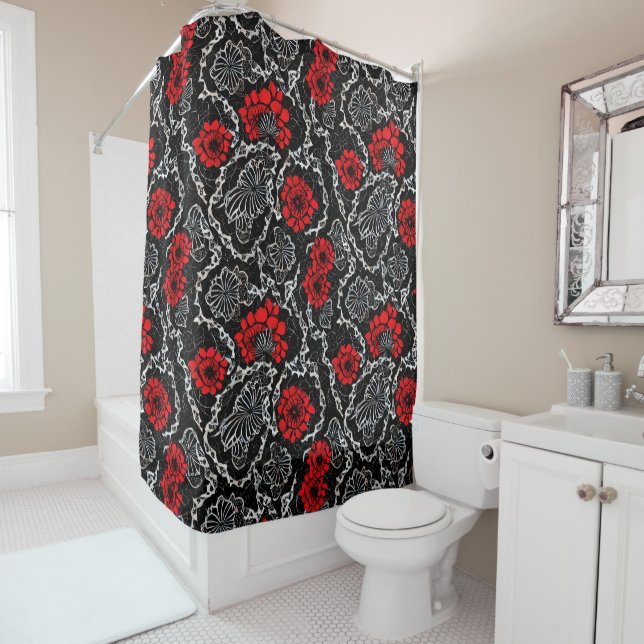 Red Flowers and Black Lace Seamless Pattern Shower Curtain (In Situ)