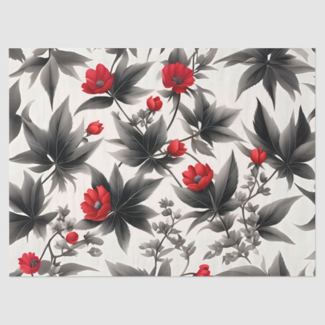 Red Flowers and Black Leaves on White decoupage  Tissue Paper (Front)