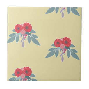 Red flowers and green leaves on brown ceramic tile