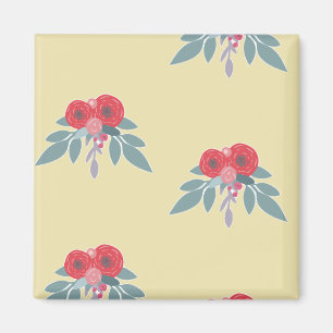 Red flowers and green leaves on brown  magnet