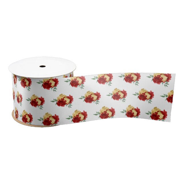 Red Flowers and Greenery Pattern Satin Ribbon (Spool)