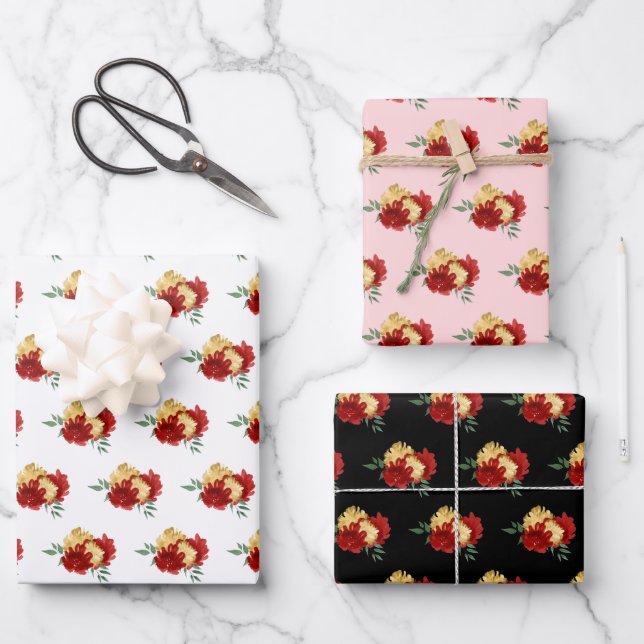 Red Flowers and Greenery Pattern Wrapping Paper Sheet (Front)