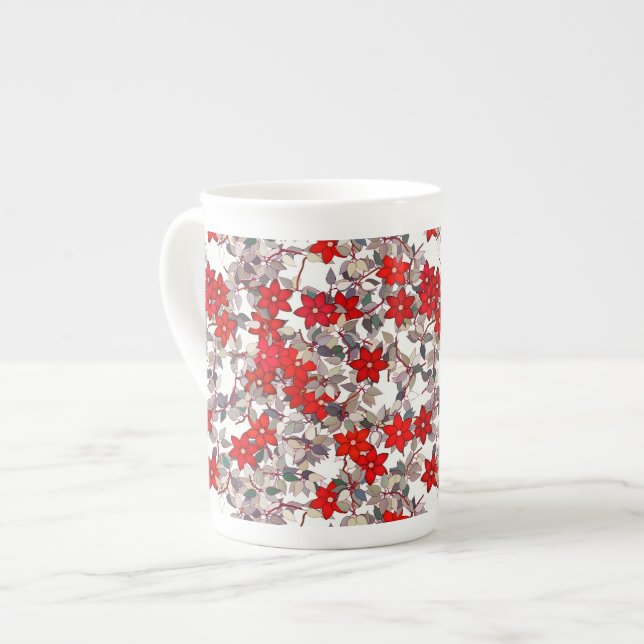 Red flowers and silver grey leaves bone china mug (Front Left)