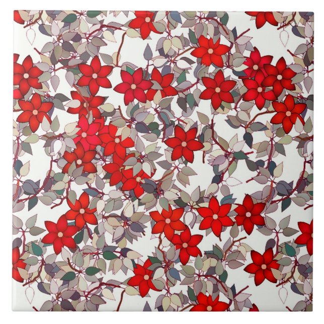 Red flowers and silver grey leaves ceramic tile (Front)
