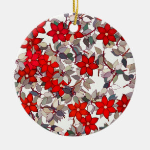 Red flowers and silver grey leaves ceramic tree decoration