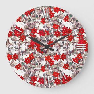 Red flowers and silver grey leaves large clock