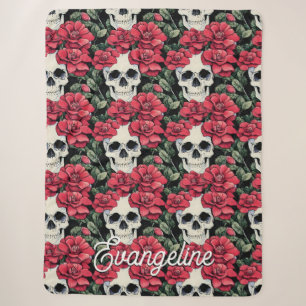 Red Flowers and Skulls Watercolor Sherpa Blanket