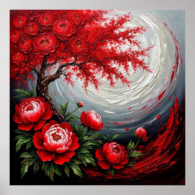 Red Flowers and Tree Against a Swirling Background Poster (Front)