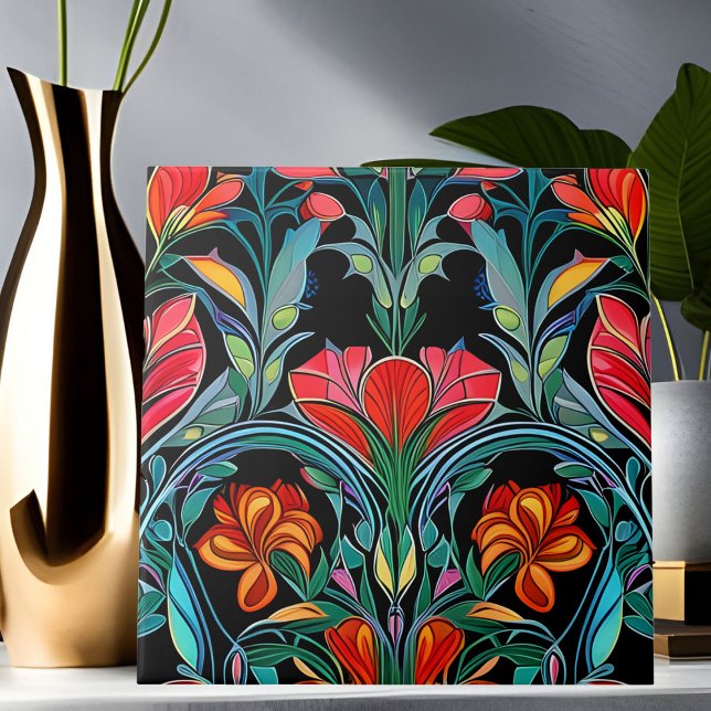 Red Flowers Art Deco Art Nouveau Ceramic Tile (Creator Uploaded)