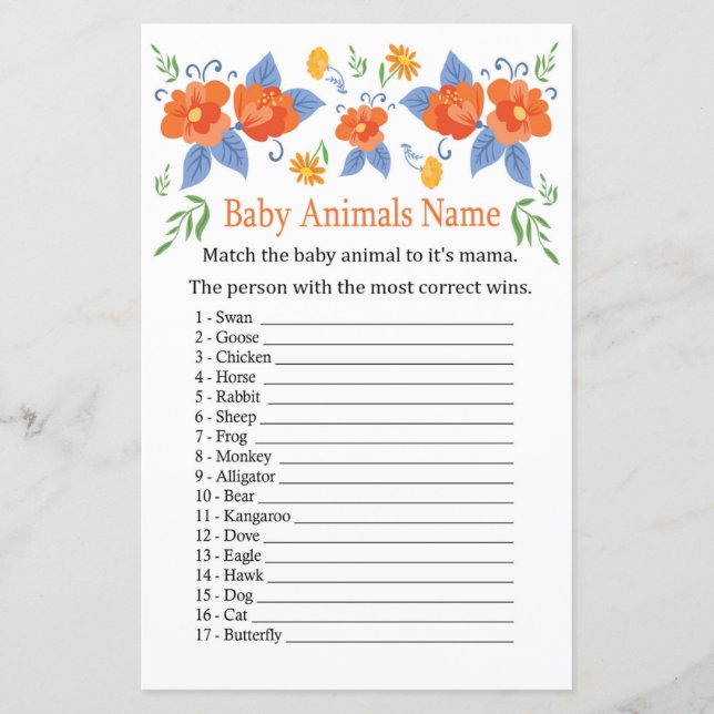 Red flowers Baby Animals Name Game (Front)
