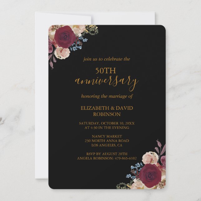 Red flowers Black 50th anniversary wedding Invitation (Front)