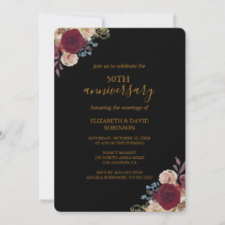 Red flowers Black 50th anniversary wedding Invitation