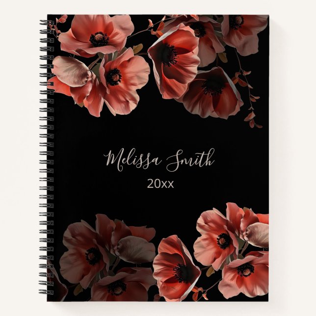 Red Flowers Black  | Your Name Notebook (Front)