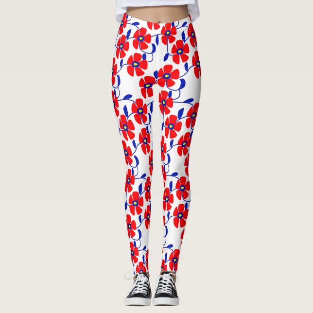 Red Flowers Blue Vines Leggings (Front)