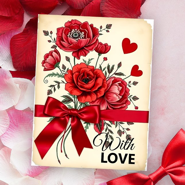 Red Flowers Bouquet with Hearts and Ribbon Postcard (Creator Uploaded)