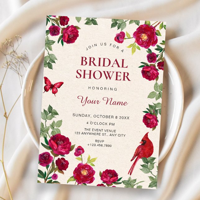 Red flowers branch bridal shower invitation (Creator Uploaded)