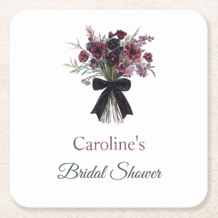 Red Flowers Bridal Shower Square Paper Coaster