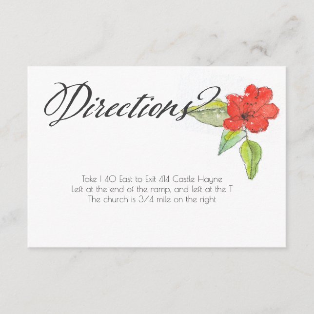 Red Flowers Calligraphy Script Wedding Directions Enclosure Card (Front)