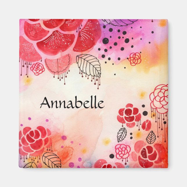 Red Flowers Custom Text Magnet (Front)