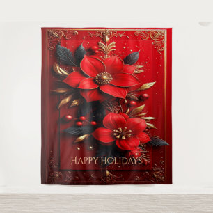 Red Flowers Decorative Holiday Backdrop Tapestry